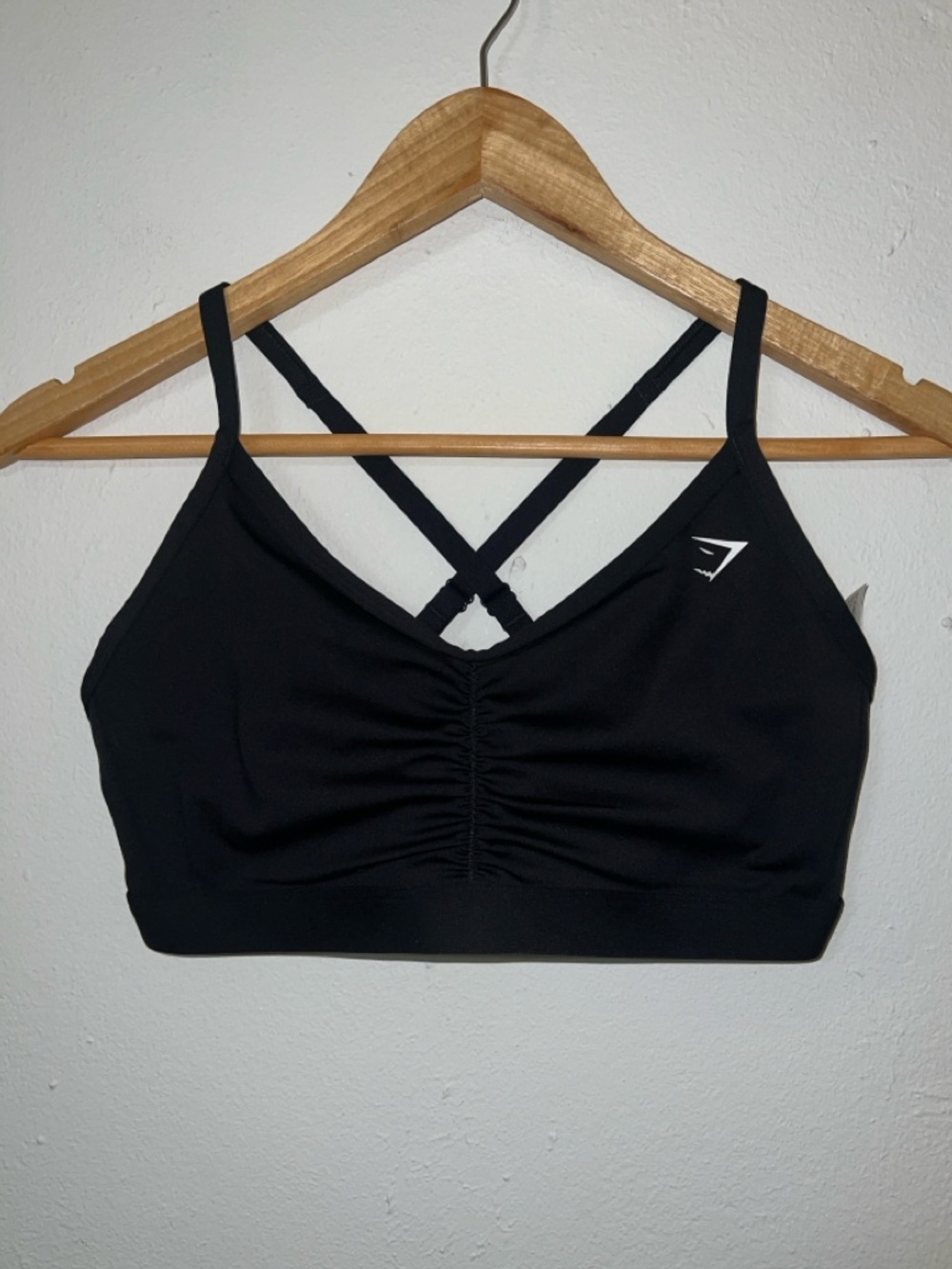 Gymshark Black V Neck Ruched Strappy Sports Bra w/ Adjustable Straps